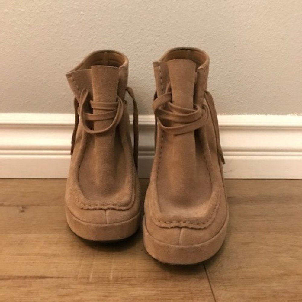 Balenciaga Tan Suede Wedge Ankle Tie Booties